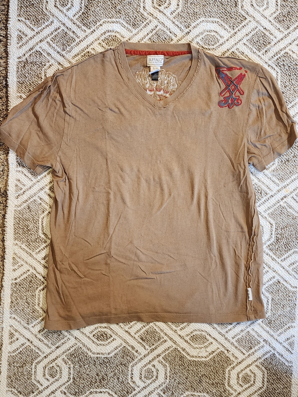 Buffalo David Bitton Men's Tan V-Neck Tee with Red Chest Accent